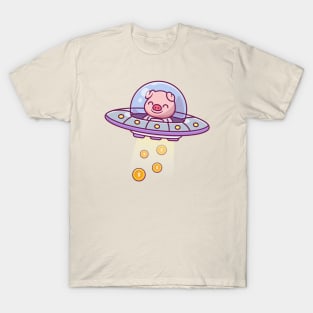 Cute Pig Catching Gold Coin Money With Ufo Cartoon T-Shirt